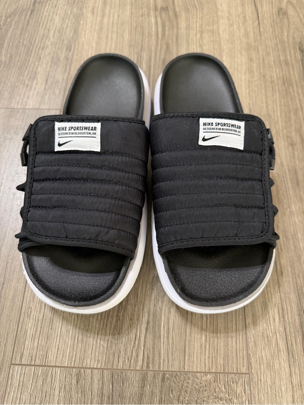 Nike Kids Black Slide Sandals with Quilted Strap and White Midsole